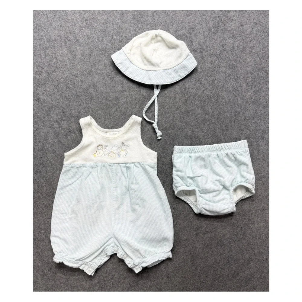 Vintage Carters Baby Boy 3pc Set Romper Hat Diaper Cover Blue Seersucker 9M USA
